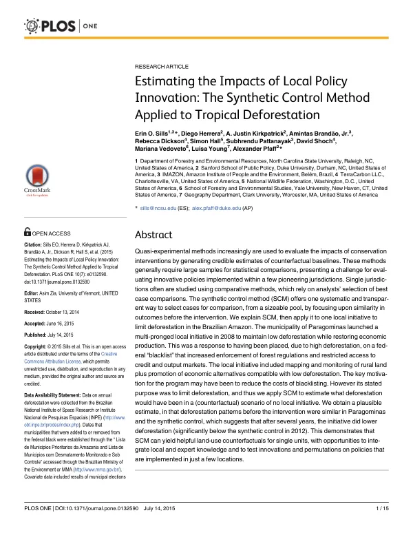 Estimating the Impacts of Local Policy Innovation: The Synthetic Control Method Applied to Tropical Deforestation