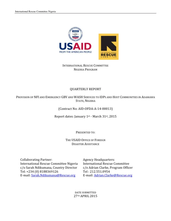 Provision of NFI and Emergency GBV and WASH Services to IDPs and Host Communities in Adamawa State, Nigeria