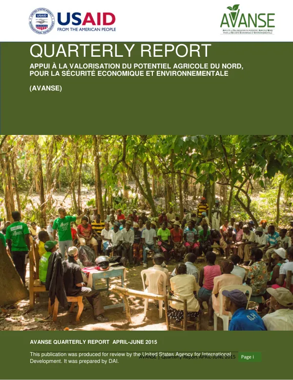 Quarterly Report: Appui à la Valorisation du potentiel Agricole du Nord, pour la Sécurité Économique et Environnementale (AVANSE)