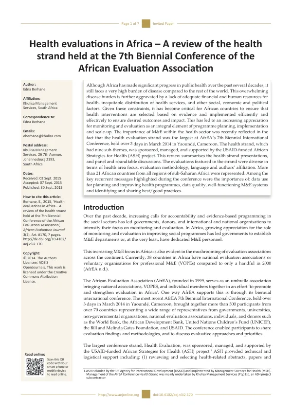 Health evaluations in Africa – A review of the health strand held at the 7th Biennial Conference of the African Evaluation Association