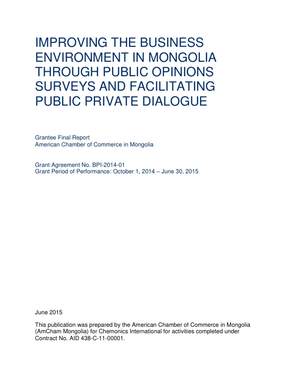 Improving the Business Environment in Mongolia Through Public Opinions Surveys and Facilitating Public Private Dialogue
