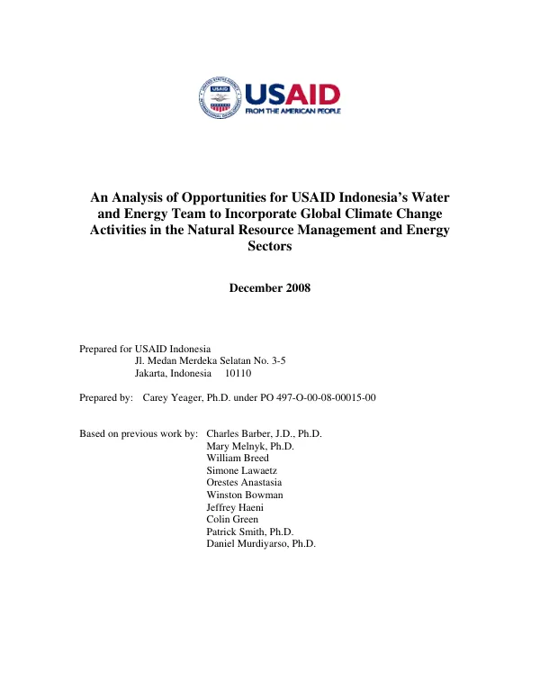 An analysis of opportunities for USAID Indonesia"s Water and Energy Team to incorporate global climate change activities in the natural resource management and energy sectors