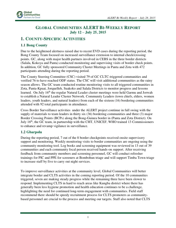 ALERT Bi-Weekly Report – July 28, 2015