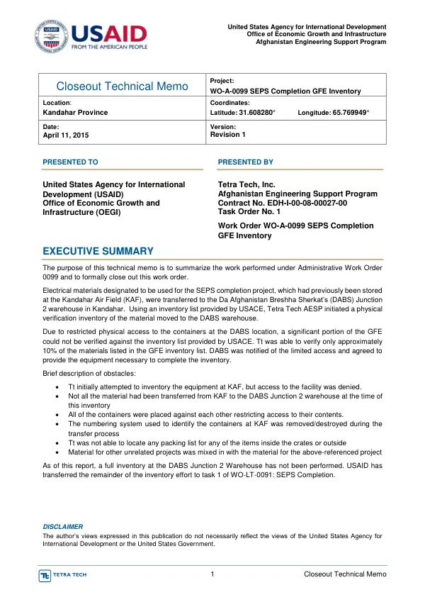 Closeout Technical Memo: SEPS Completion GFE Inventory