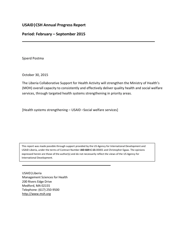 USAID|CSH Annual Progress Report Period: February – September 2015