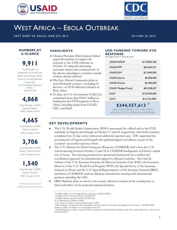 West Africa – Ebola Outbreak Fact Sheet #4, Fiscal Year (FY) 2015