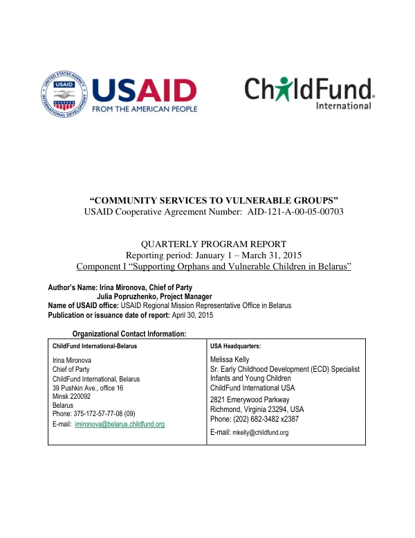 Community Services to Vulnerable Groups: OVC Quarterly Report January - March 2015