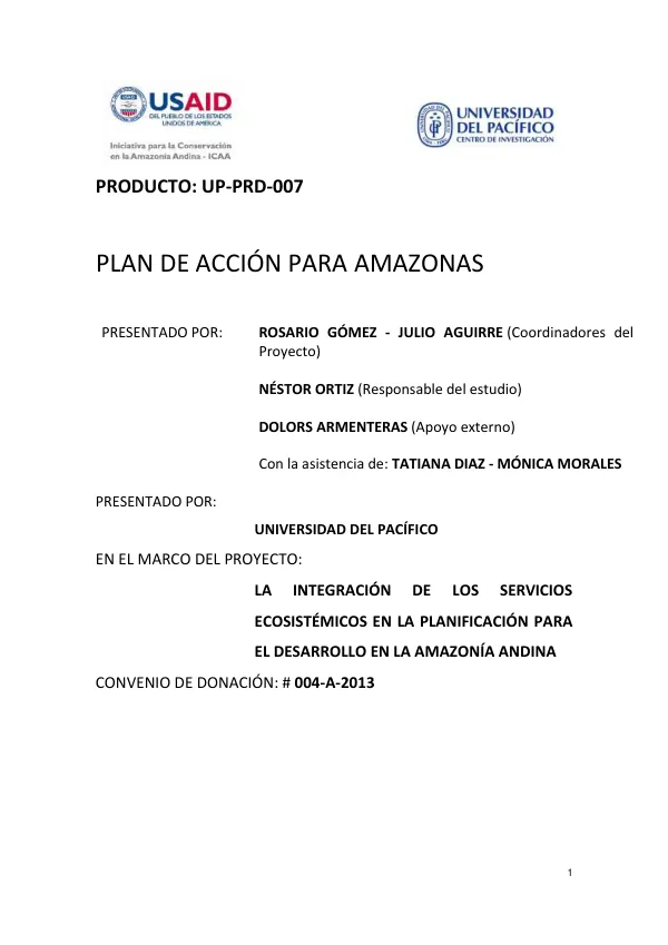 Plan de Acción para Amazonas: Integración de Servicios Ecosistémicos en la Planificación para el Desarrollo en la Amazonía Andina