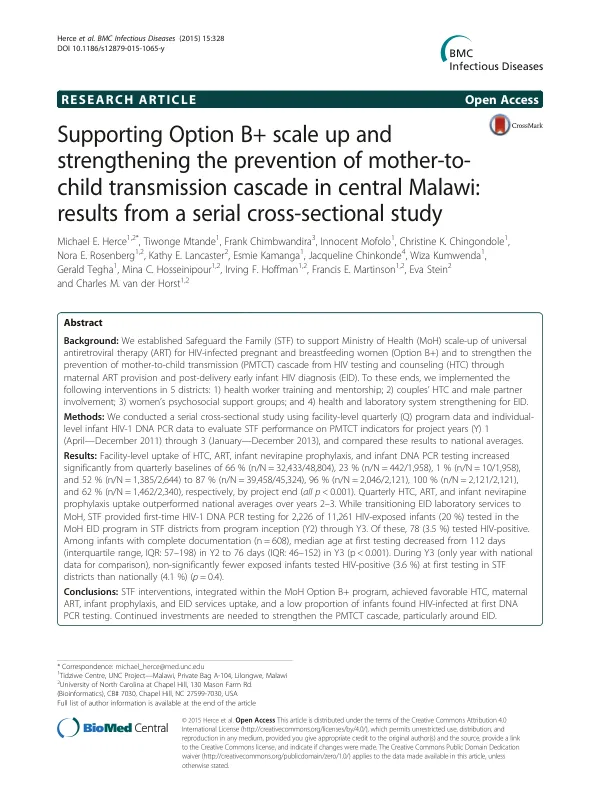 Supporting Option B+ scale up and strengthening the prevention of mother-to-child transmission cascade in central Malawi: results from a serial cross-sectional study
