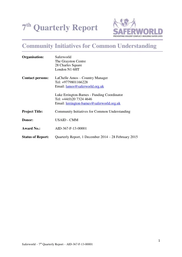 Saferworld – 7th Quarterly Report – AID-367-F-13-00001