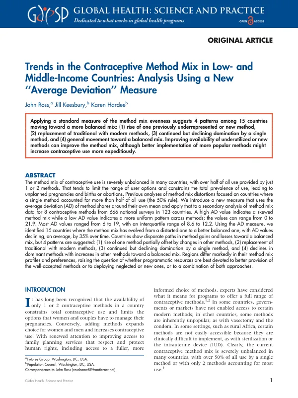 Trends in the Contraceptive Method Mix in Low- and Middle-Income Countries: Analysis Using a New ‘‘Average Deviation’’ Measure