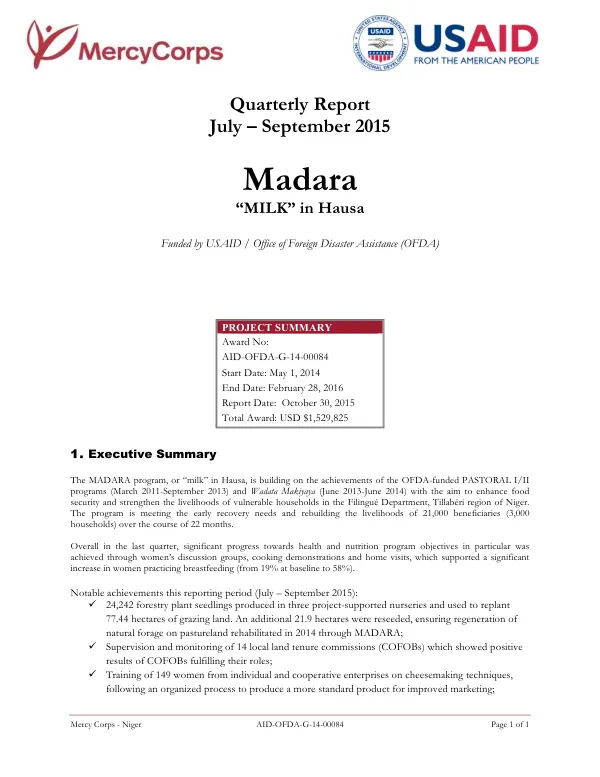 Quarterly Report July – September 2015: MADARA Program in Niger