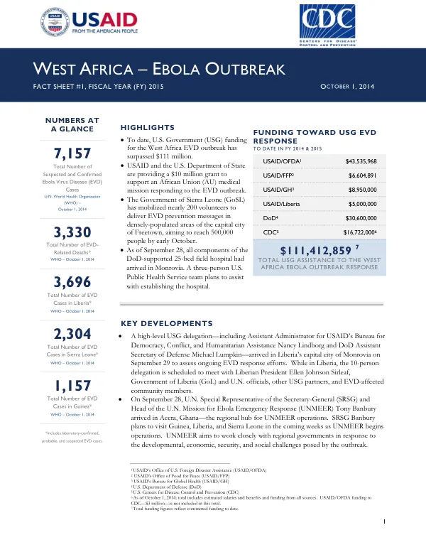 West Africa – Ebola Outbreak Fact Sheet #1, Fiscal Year (FY) 2015