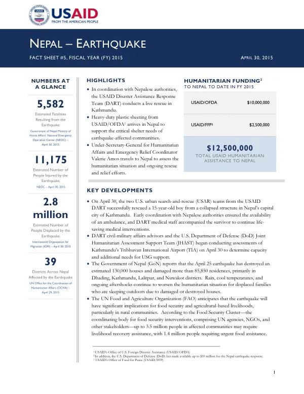 Nepal – Earthquake Fact Sheet #5, Fiscal Year (FY) 2015