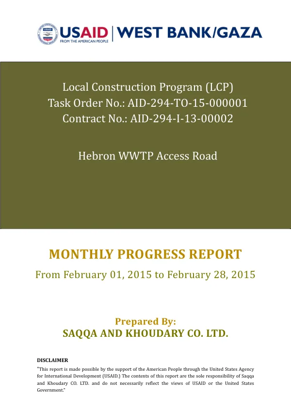 Monthly Progress Report for Hebron WWTP Access Road