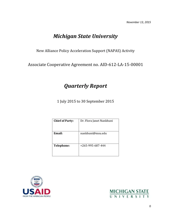 USAID/Malawi Quarterly Progress Report: New Alliance Policy Acceleration Support: Malawi (NAPAS: Malawi) Activity