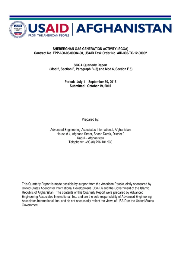 Sheberghan Gas Generation Activity (SGGA) Quarterly Report
