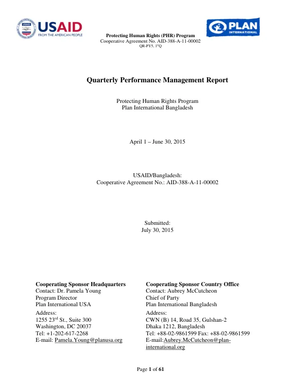 Quarterly Performance Management Report: Protecting Human Rights (PHR) Program