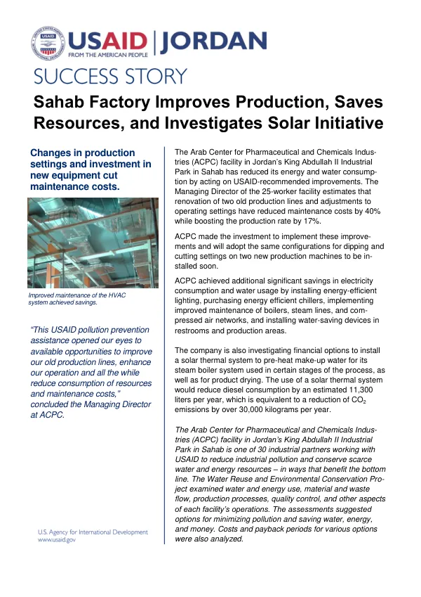 USAID Pollution Prevention Assistance Yields Significant Savings for Jordanian Industries