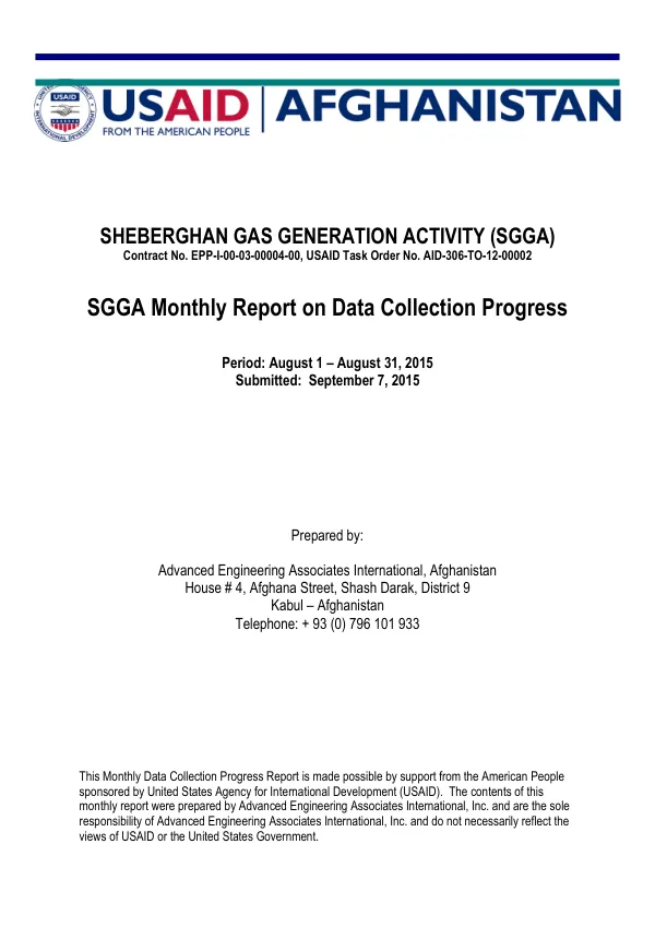 Sheberghan Gas Generation Activity (SGGA) Monthly Report on Data Collection Progress