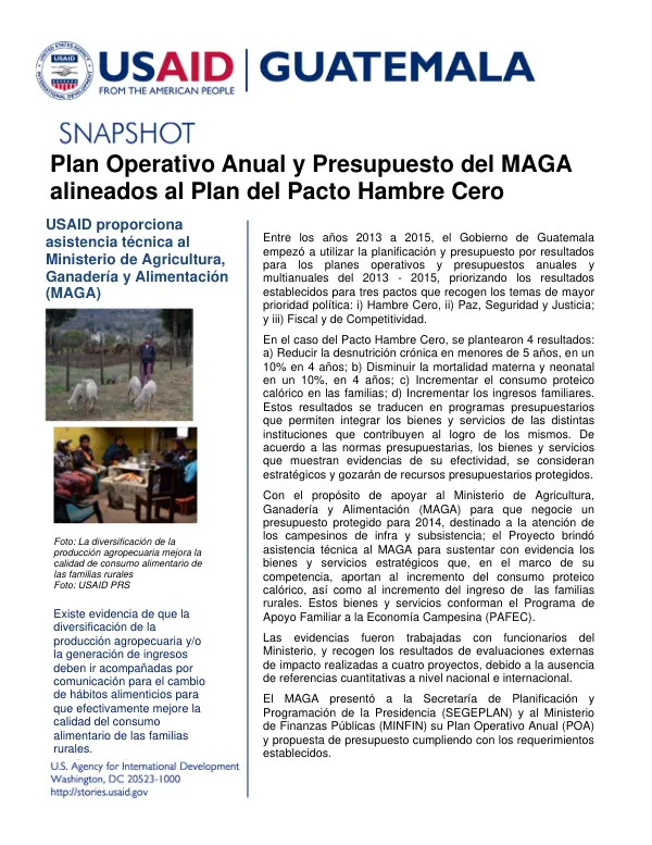 Plan Operativo Anual y Presupuesto del MAGA alineados al Plan del Pacto Hambre Cero