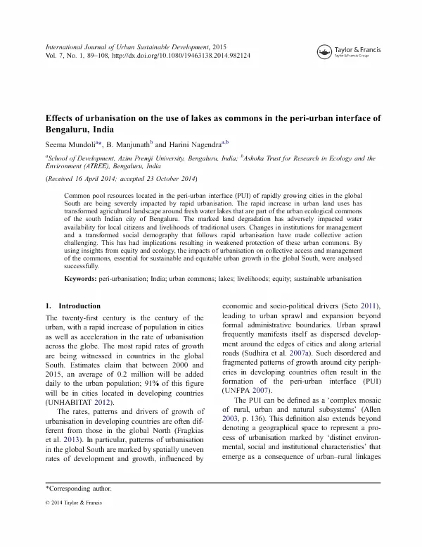Effects of urbanisation on the use of lakes as commons in the peri-urban interface of Bengaluru, India