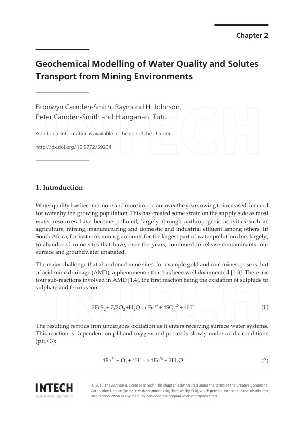 Geochemical Modelling of Water Quality and Solutes Transport from Mining Environments