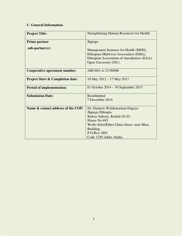 Strengthening Human Resources for Health (HRH): Year Three Work plan