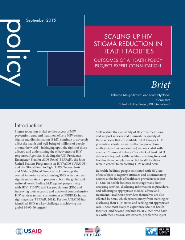 Scaling Up HIV Stigma Reduction in Health Facilities: Outcomes of a Health Policy Project Expert Consultation