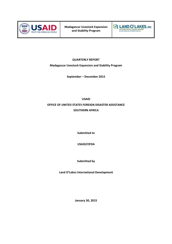 Madagascar Livestock Expansion and Stability Program Quarterly Report