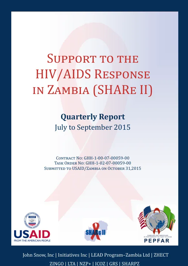 Support to the HIV/AIDS Response in Zambia (SHARe II) Quarterly Report: July to September 2015