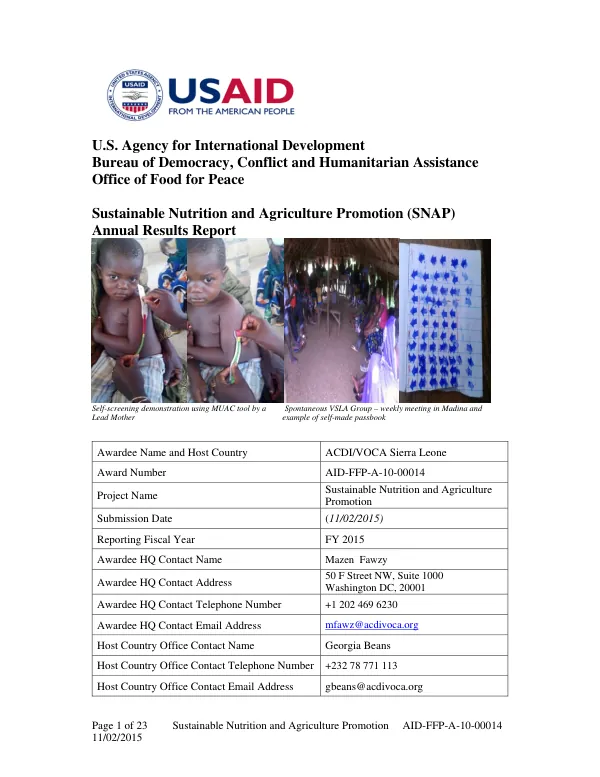 Sustainable Nutrition and Agriculture Promotion Annual Results Report FY 2015