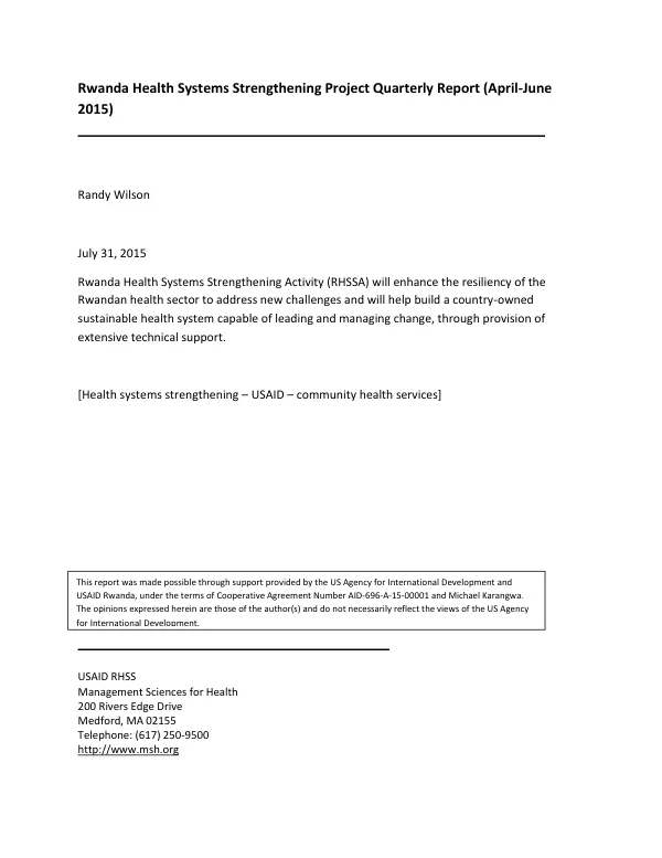 Rwanda Health Systems Strengthening Project Quarterly Report (April-June 2015)