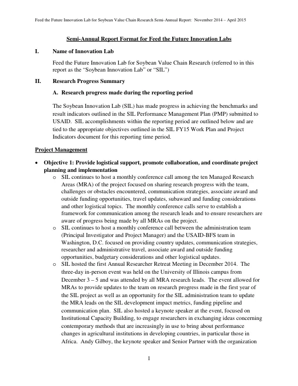Feed the Future Innovation Lab for Soybean Value Chain Research Semi-Annual Report: November 2014 – April 2015