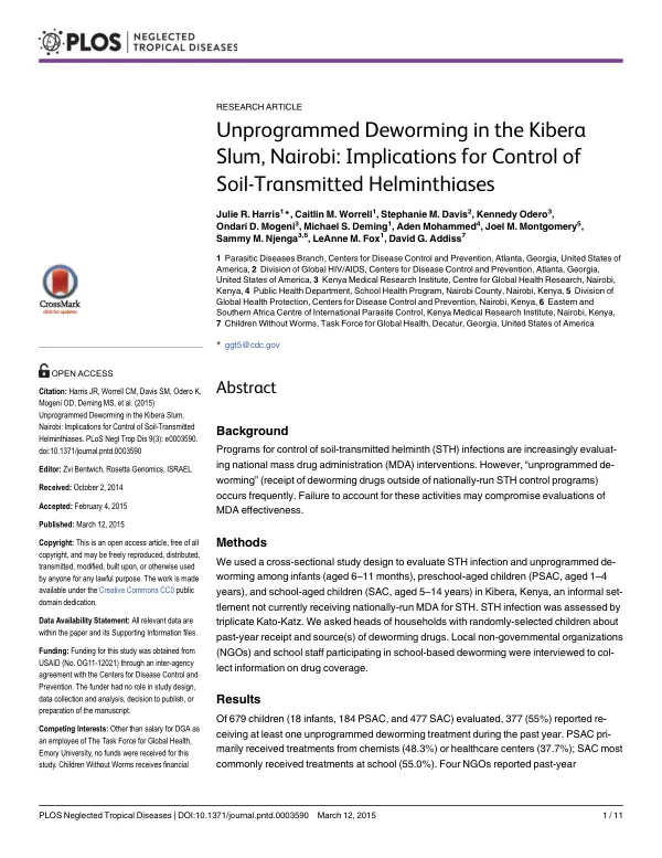 Unprogrammed Deworming in the Kibera Slum, Nairobi: Implications for Control of Soil-Transmitted Helminthiases