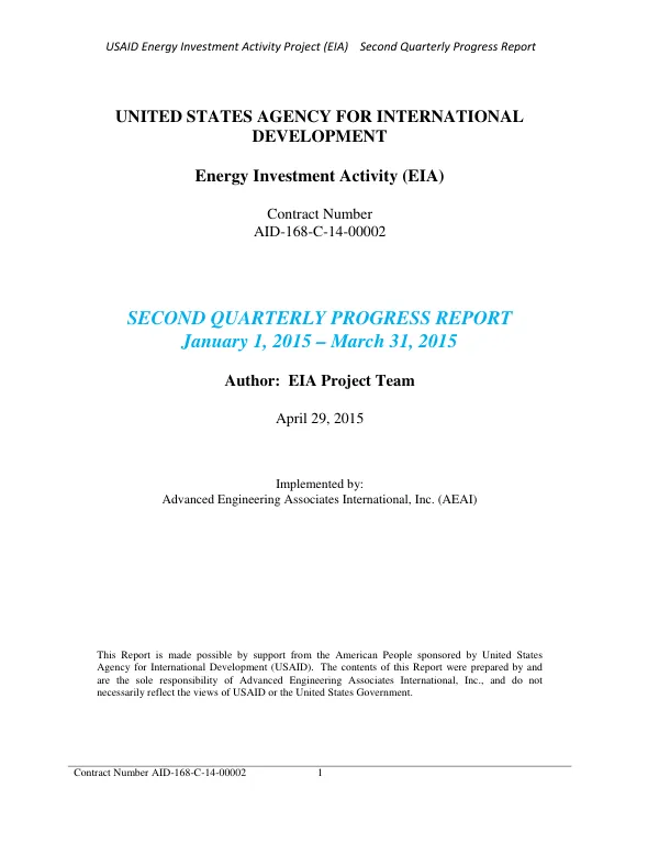 Second Quarterly Progress Report: USAID Energy Investment Activity Project (EIA) in Bosnia and Herzegovina