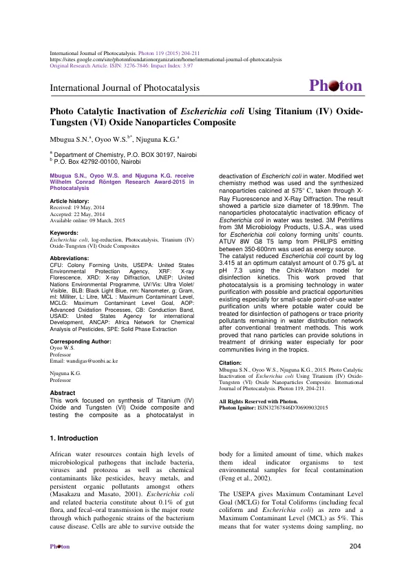 Photo Catalytic Inactivation of Escherichia coli Using Titanium (IV) Oxide-Tungsten (VI) Oxide Nanoparticles Composite