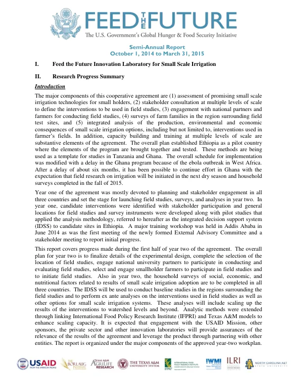 Semi-Annual Report October 1, 2014 to March 31, 2015