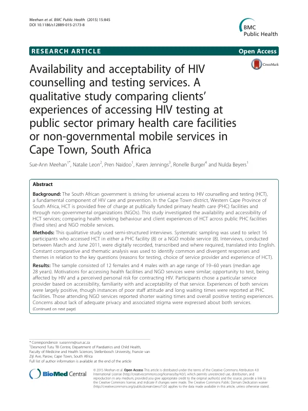Availability and acceptability of HIV counselling and testing services. A qualitative study comparing clients’ experiences of accessing HIV testing at public sector primary health care facilities or non-governmental mobile services in Cape Town, South Africa
