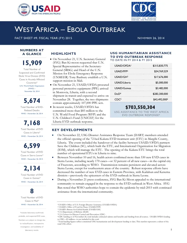 USG Humanitarian Assistance to EVD Outbreak Response to Date in FY 2014 & FY 2015