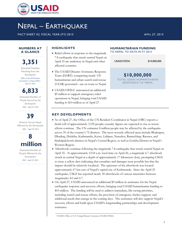 Nepal – Earthquake Fact Sheet #2, Fiscal Year (FY) 2015