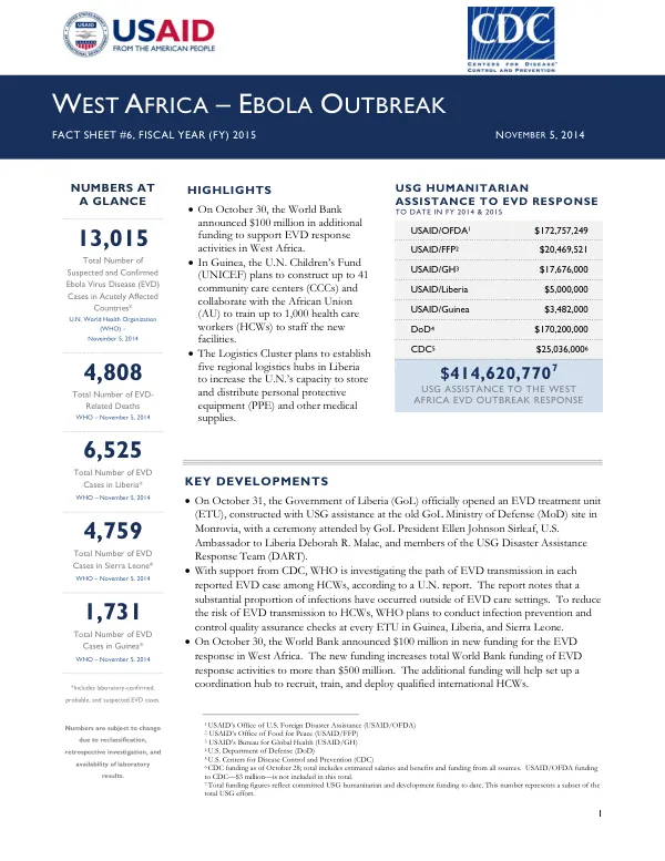 USG HUMANITARIAN ASSISTANCE TO EVD RESPONSE TO DATE IN FY 2014 & 2015