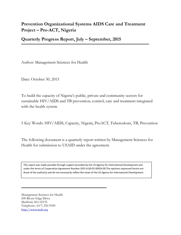 Prevention Organizational Systems AIDS Care and Treatment Project – Pro-ACT, Nigeria Quarterly Progress Report, July – September, 2015