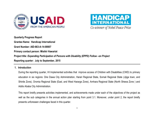 Quarterly Progress Report: Expanding Participation of Persons with Disability (EPPD) Follow –on Project