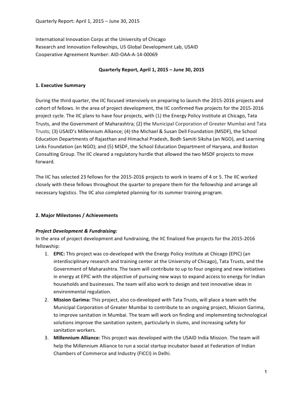 Quarterly Report: April 1, 2015 – June 30, 2015