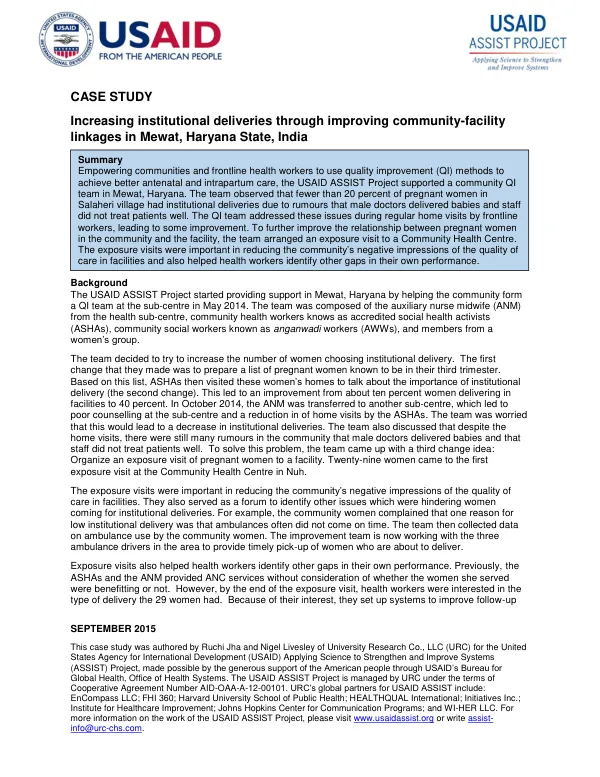 Case study: Increasing institutional deliveries through improving community-facility linkages in Mewat, Haryana State, India