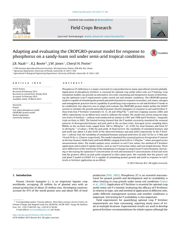 Adapting and evaluating the CROPGRO-peanut model for response to phosphorus on a sandy-loam soil under semi-arid tropical conditions