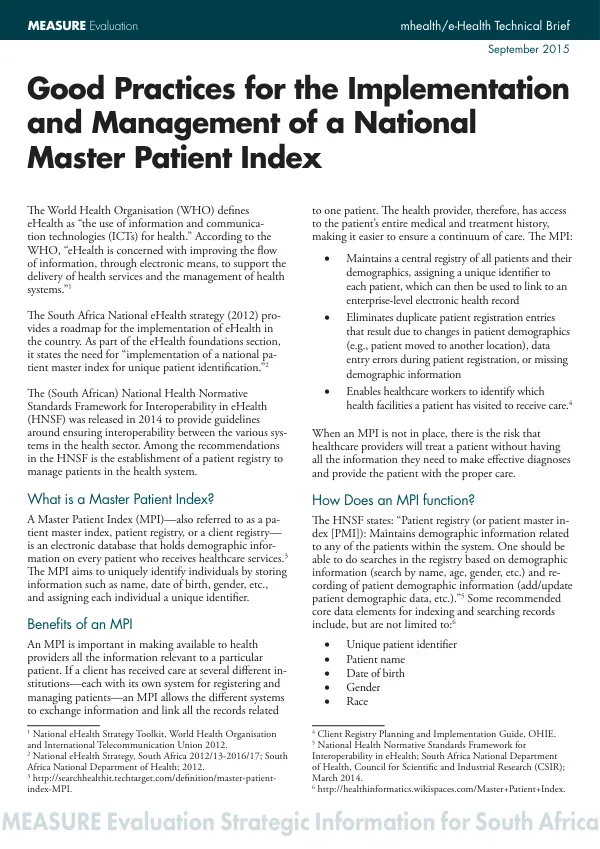 Good Practices for the Implementation and Management of a National Master Patient Index