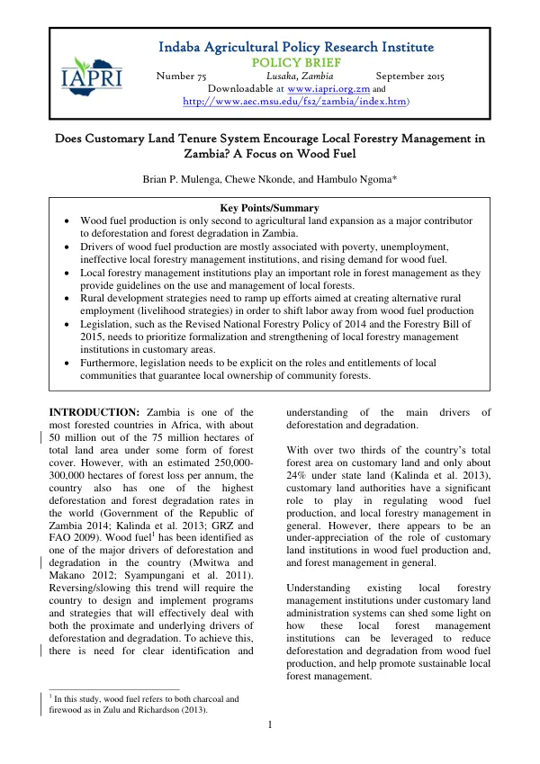 Does Customary Land Tenure System Encourage Local Forestry Management in Zambia? A Focus on Wood Fuel
