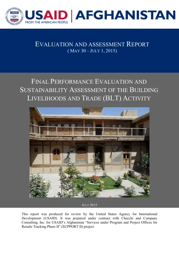 Final Performance Evaluation and Sustainability Assessment of the Building Livelihoods and Trade (BLT) Activity